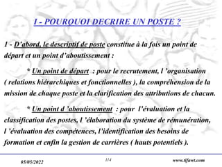 05/05/2022 www.tifawt.com
114
I - POURQUOI DECRIRE UN POSTE ?
1 - D’abord, le descriptif de poste constitue à la fois un point de
départ et un point d’aboutissement :
* Un point de départ : pour le recrutement, l ’organisation
( relations hiérarchiques et fonctionnelles ), la compréhension de la
mission de chaque poste et la clarification des attributions de chacun.
* Un point d ’aboutissement : pour l’évaluation et la
classification des postes, l ’élaboration du système de rémunération,
l ’évaluation des compétences, l’identification des besoins de
formation et enfin la gestion de carrières ( hauts potentiels ).
 