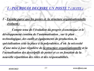 05/05/2022 www.tifawt.com
115
I - POURQUOI DECRIRE UN POSTE ? ( SUITE )
2 - Ensuite parce que les postes et la structure organisationnelle
évoluent :
Compte tenu de l’évolution du progrès économique et le
développement continu de l’automatisation , sur le plan
technologique, des outils et équipements de production, la
spécialisation cède la place à la polyvalence, d’où la nécessité
d’une mise à jour régulière de la structure organisationnelle et la
l‘actualisation des descriptifs de postes et ce en fonction de la
nouvelle répartition des rôles et des responsabilités.
 