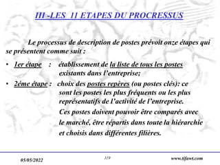 05/05/2022 www.tifawt.com
119
III -LES 11 ETAPES DU PROCRESSUS
Le processus de description de postes prévoit onze étapes qui
se présentent comme suit :
• 1er étape : établissement de la liste de tous les postes
existants dans l’entreprise;
• 2éme étape : choix des postes repères (ou postes clés): ce
sont les postes les plus fréquents ou les plus
représentatifs de l’activité de l’entreprise.
Ces postes doivent pouvoir être comparés avec
le marché, être répartis dans toute la hiérarchie
et choisis dans différentes filières.
 