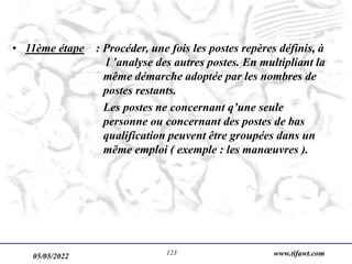 05/05/2022 www.tifawt.com
123
• 11ème étape : Procéder, une fois les postes repères définis, à
l ’analyse des autres postes. En multipliant la
même démarche adoptée par les nombres de
postes restants.
Les postes ne concernant q’une seule
personne ou concernant des postes de bas
qualification peuvent être groupées dans un
même emploi ( exemple : les manœuvres ).
 
