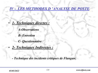 05/05/2022 www.tifawt.com
124
IV - LES METHODES D ’ANALYSE DE POSTE
• 1- Techniques directes :
A-Observations
B- Entretien
C- Questionnaire
• 2- Techniques Indirectes :
- Technique des incidents critiques de Flangan;
 