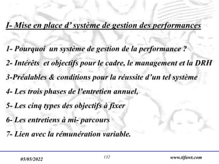 05/05/2022 www.tifawt.com
132
I- Mise en place d’ système de gestion des performances
1- Pourquoi un système de gestion de la performance ?
2- Intérêts et objectifs pour le cadre, le management et la DRH
3-Préalables & conditions pour la réussite d’un tel système
4- Les trois phases de l’entretien annuel,
5- Les cinq types des objectifs à fixer
6- Les entretiens à mi- parcours
7- Lien avec la rémunération variable.
 