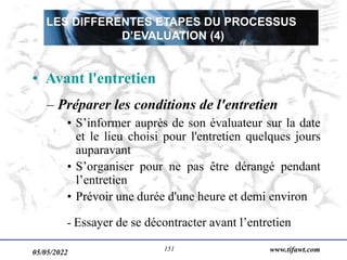 05/05/2022 www.tifawt.com
151
• S’informer auprès de son évaluateur sur la date
et le lieu choisi pour l'entretien quelques jours
auparavant
• S’organiser pour ne pas être dérangé pendant
l’entretien
• Prévoir une durée d'une heure et demi environ
- Essayer de se décontracter avant l’entretien
– Préparer les conditions de l'entretien
• Avant l'entretien
LES DIFFERENTES ETAPES DU PROCESSUS
D’EVALUATION (4)
 