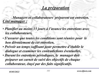 05/05/2022 www.tifawt.com
152
La préparation
Managers et collaborateurs préparent cet entretien.
Côté manager :
• Planifier au moins 15 jours à l’avance les entretiens avec
les collaborateurs,
• S’assurer que toutes les conditions sont réunies pour le
bon déroulement de cet entretien,
• Prévoir un temps suffisant pour permettre d’établir le
dialogue et examiner les contradictions éventuelles,
• Durant les entretiens périodiques, le manager doit
préparer un carnet de suivi des objectifs de chaque
collaborateur, étayé par des faits significatifs.
 