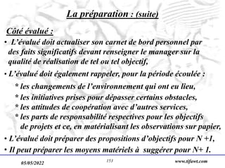 05/05/2022 www.tifawt.com
153
La préparation : (suite)
Côté évalué :
• L’évalué doit actualiser son carnet de bord personnel par
des faits significatifs devant renseigner le manager sur la
qualité de réalisation de tel ou tel objectif,
• L’évalué doit également rappeler, pour la période écoulée :
* les changements de l’environnement qui ont eu lieu,
* les initiatives prises pour dépasser certains obstacles,
* les attitudes de coopération avec d’autres services,
* les parts de responsabilité respectives pour les objectifs
de projets et ce, en matérialisant les observations sur papier,
• L’évalué doit préparer des propositions d’objectifs pour N +1,
• Il peut préparer les moyens matériels à suggérer pour N+ 1.
 