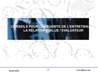 05/05/2022 www.tifawt.com
170
CONSEILS POUR LA REUSSITE DE L’ENTRETIEN:
LA RELATION EVALUE / EVALUATEUR
 