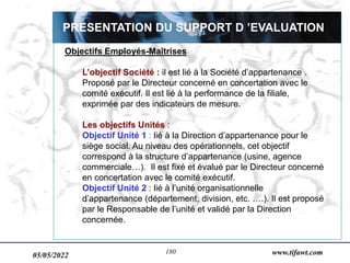 05/05/2022 www.tifawt.com
180
PRESENTATION DU SUPPORT D ’EVALUATION
Objectifs Employés-Maîtrises
L’objectif Société : il est lié à la Société d’appartenance .
Proposé par le Directeur concerné en concertation avec le
comité exécutif. Il est lié à la performance de la filiale,
exprimée par des indicateurs de mesure.
Les objectifs Unités :
Objectif Unité 1 : lié à la Direction d’appartenance pour le
siège social. Au niveau des opérationnels, cet objectif
correspond à la structure d’appartenance (usine, agence
commerciale…). Il est fixé et évalué par le Directeur concerné
en concertation avec le comité exécutif.
Objectif Unité 2 : lié à l’unité organisationnelle
d’appartenance (département, division, etc. ….). Il est proposé
par le Responsable de l’unité et validé par la Direction
concernée.
 