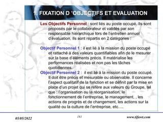 05/05/2022 www.tifawt.com
181
1. FIXATION D ’OBJECTIFS ET EVALUATION
Les Objectifs Personnel : sont liés au poste occupé. Ils sont
proposés par le collaborateur et validés par son
responsable hiérarchique lors de l’entretien annuel
d’évaluation. Ils sont répartis en 2 catégories :
Objectif Personnel 1 : il est lié à la mission du poste occupé
et rattaché à des valeurs quantifiables afin de le mesurer
sur la base d’éléments précis. Il matérialise les
performances réalisées et non pas les tâches
quotidiennes.
Objectif Personnel 2 : il est lié à la mission du poste occupé.
Il doit être précis et mesurable ou observable. Il concerne
l’aspect qualitatif de la fonction et se définit par la mise en
place d’un projet qui se réfère aux valeurs du Groupe, tel
que : l’organisation ou la réorganisation, le
fonctionnement de l’entreprise, le management, , les
actions de progrès et de changement, les actions sur la
qualité ou la culture de l’entreprise, etc….
 
