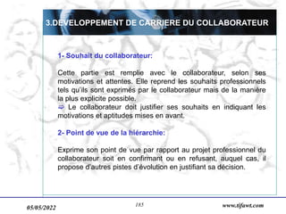 05/05/2022 www.tifawt.com
185
3.DEVELOPPEMENT DE CARRIERE DU COLLABORATEUR
1- Souhait du collaborateur:
Cette partie est remplie avec le collaborateur, selon ses
motivations et attentes. Elle reprend les souhaits professionnels
tels qu’ils sont exprimés par le collaborateur mais de la manière
la plus explicite possible.
 Le collaborateur doit justifier ses souhaits en indiquant les
motivations et aptitudes mises en avant.
2- Point de vue de la hiérarchie:
Exprime son point de vue par rapport au projet professionnel du
collaborateur soit en confirmant ou en refusant, auquel cas, il
propose d’autres pistes d’évolution en justifiant sa décision.
 