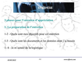 05/05/2022 www.tifawt.com
192
3 phases pour l’entretien d’appréciation
1- La préparation de l’entretien
1-2 - Quels sont mes objectifs pour cet entretien
1-3 - Quels sont les documents et les données dont j’ai besoin
1- 4 - Je m’assure de la logistique
SYNTHESE
 