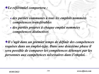 05/05/2022 www.tifawt.com
198
Le référentiel comportera :
des parties communes à tous les emplois nommées
compétences transférables
des parties propres à chaque emploi nommées
compétences distinctives
Il s’agit dans un premier temps de définir des compétences
requises dans un emploi-type. Dans une deuxième phase il
sera possible de comparer les compétences détenues par les
personnes aux compétences nécessaires dans l’emploi.
 