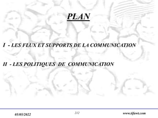 05/05/2022 www.tifawt.com
212
PLAN
I - LES FLUX ET SUPPORTS DE LA COMMUNICATION
II - LES POLITIQUES DE COMMUNICATION
 