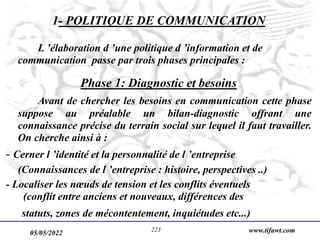 05/05/2022 www.tifawt.com
223
1- POLITIQUE DE COMMUNICATION
L ’élaboration d ’une politique d ’information et de
communication passe par trois phases principales :
Phase 1: Diagnostic et besoins
Avant de chercher les besoins en communication cette phase
suppose au préalable un bilan-diagnostic offrant une
connaissance précise du terrain social sur lequel il faut travailler.
On cherche ainsi à :
- Cerner l ’identité et la personnalité de l ’entreprise
(Connaissances de l ’entreprise : histoire, perspectives ..)
- Localiser les nœuds de tension et les conflits éventuels
(conflit entre anciens et nouveaux, différences des
statuts, zones de mécontentement, inquiétudes etc...)
 