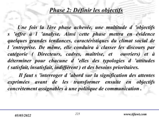 05/05/2022 www.tifawt.com
225
Phase 2: Définir les objectifs
Une fois la 1ère phase achevée, une multitude d ’objectifs
s ’offre à l ’analyse. Ainsi cette phase mettra en évidence
quelques grandes tendances, caractéristiques du climat social de
l ’entreprise. De même, elle conduira à classer les discours par
catégorie ( Directeurs, cadres, maîtrise, et ouvriers) et à
déterminer pour chacune d ’elles des typologies d ’attitudes
( satisfait, insatisfait, indifférent ) et des besoins prioritaires.
Il faut s ’interroger d ’abord sur la signification des attentes
exprimées avant de les transformer ensuite en objectifs
concrètement assignables à une politique de communication .
 