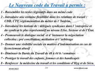 05/05/2022 www.tifawt.com
239
Le Nouveau code du Travail a permis :
1 - Rassembler les textes législatifs dans un même code
2 - Introduire une certaine flexibilité dans les relations de travail :
CDD, CTT, réglementation du métier de l ’Intérim,
3 - Introduire les notions de : délégués syndicaux dans l ’entreprise et
du syndicat le plus représentatif au niveau E/ise, Secteur et de l’État.
4 - Promouvoir le dialogue social et d ’instaurer la négociation
collective : pré conciliation; médiation et l ’arbitrage
5 - Donner une visibilité sociale en matière d’indemnisation en cas de
licenciement abusif
6 - Diminuer la Durée du Travail de 48 à 44 h / semaines
7 - Protéger le travail des enfants, femmes et des handicapés
8 - Renforcer la médecine du travail et les conditions d’Hyg et de Sécu.
 