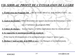 05/05/2022 www.tifawt.com
245
1- Prolifération des Progiciels RH : HR ACCESS, ORACLE, SAP, PEOPLE SOFT…etc,
2- Analyse des besoins : Offres démesurées par rapport aux besoins des Entreprises ( faible
taux d ’utilisation des progiciels RH),
3- Cahiers de charges : Analyse légères, et faibles implications dans les clauses prévues
4- Se rapprocher le maximum possible du standard:
Éviter trop les développements et les personnalisations ( risque d ’usines à gaz),
5- Décliner l ’outil au delà de la DRH et vers : Les Managers et les Opérationnels.
VII- SIRH: AU PROFIT DE L’INTEGRATION DE LA GRH
 