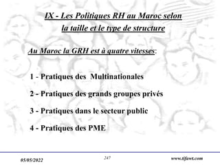 05/05/2022 www.tifawt.com
247
Au Maroc la GRH est à quatre vitesses:
1 - Pratiques des Multinationales
2 - Pratiques des grands groupes privés
3 - Pratiques dans le secteur public
4 - Pratiques des PME
IX - Les Politiques RH au Maroc selon
la taille et le type de structure
 