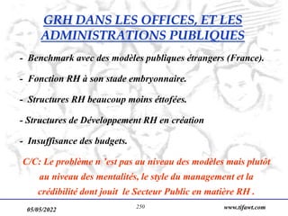 05/05/2022 www.tifawt.com
250
- Benchmark avec des modèles publiques étrangers (France).
- Fonction RH à son stade embryonnaire.
- Structures RH beaucoup moins éttofées.
- Structures de Développement RH en création
- Insuffisance des budgets.
C/C: Le problème n ’est pas au niveau des modèles mais plutôt
au niveau des mentalités, le style du management et la
crédibilité dont jouit le Secteur Public en matière RH .
GRH DANS LES OFFICES, ET LES
ADMINISTRATIONS PUBLIQUES
 