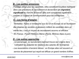 05/05/2022 www.tifawt.com
28
B - Les petites annonces:
Passage obligé pour les candidats, elles constituent la pièce maîtresse
dans une procédure de recrutement et deviennent un clignotant
significatif du marché de travail. Elle sont considérées également
comme un support de communication pour les entreprises.
C - Les foires d’emploi :
Véritables Foires à l’embauche aux EU et en Europe où se réunissent
des dizaines de sociétés et plusieurs milliers de candidats dans un
même lieu, c’est un moyen de recrutement reconnu et efficace.
En France : Forum Horizons Maroc (Paris), Rhônes Alpes (Lyon).
D - Les autres approches :
- Le parrainage : le recrutement éventuel trouve son origine dans
l’utilisation du potentiel de relations des salariés de l’entreprise,
- Les associations d’anciens élèves : en Europe elles ont souvent un
service de placement qui reçoit est diffuse un grand nombre d’offres.
 