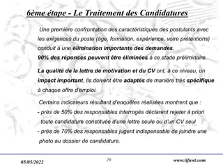 05/05/2022 www.tifawt.com
29
6ème étape - Le Traitement des Candidatures
Une première confrontation des caractéristiques des postulants avec
les exigences du poste (âge, formation, expérience, voire prétentions)
conduit à une élimination importante des demandes.
90% des réponses peuvent être éliminées à ce stade préliminaire.
La qualité de la lettre de motivation et du CV ont, à ce niveau, un
impact important. Ils doivent être adaptés de manière très spécifique
à chaque offre d’emploi.
Certains indicateurs résultant d’enquêtes réalisées montrent que :
- près de 50% des responsables interrogés déclarent rejeter à priori
toute candidature constituée d’une lettre seule ou d’un CV seul
- près de 70% des responsables jugent indispensable de joindre une
photo au dossier de candidature.
 