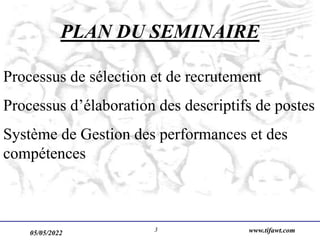 05/05/2022 www.tifawt.com
3
PLAN DU SEMINAIRE
Processus de sélection et de recrutement
Processus d’élaboration des descriptifs de postes
Système de Gestion des performances et des
compétences
 