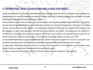 05/05/2022 www.tifawt.com
87
3) INTEGRATION, SUIVI & EVALUATION SUR LA BASE D’UN PROJET :
Après l’accomplissement des formalités administratives, l’unité organisationnelle concerné en coordination avec le département
développement des ressources humaines accueillera la nouvelle recrue dans l’entreprise, procédera aux présentations d’usage
et élaborera un programme de connaissance de l’entreprise.
Toute nouvelle recrue doit, dans les quinze jours de son embauche, être informée des objectifs qui lui sont fixés. Ces objectifs
pourront être soit des objectifs propres à son poste soit des objectifs de prise de connaissance ou d’intégration, si le salarié
effectue, avant sa prise de fonction définitive, une rotation dans les différentes directions de la société. Cette période ne doit
pas dépasser six mois, durant lesquels le candidat prendra connaissance de l’activité, des équipements, des Hommes et
commencera à s’imprégner de la culture de l’entreprise. Sur la base de ces objectifs, une évaluation doit avoir lieu en fin de
période d’essai pour décider de sa titularisation, de la prorogation de la période d’essai ou la rupture du contrat.
Le responsable hiérarchique ne doit pas attendre la fin de la période d’essai pour se prononcer. Il est tenu de procéder à des
évaluations périodiques de la nouvelle recrue et en informer le département développement ressources humaines.
Le responsable hiérarchique dispose d’une fiche de suivi du nouvel embauché qu’il doit renseigner et la transmettre après
décision définitive au département développement des ressources humaines.
Si l’accès au poste s’est effectué par le biais d’un recrutement interne, la phase «intégration» est supprimée.
 