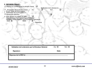 05/05/2022 www.tifawt.com
90
II. DECISION FINALE :
- Rupture du contrat durant la période d’essai 
Notification de la décision le : ………………..
- Prorogation de la période d’essai : Oui  Non 
v Si oui, durée de la prorogation : …………………………………….
v Notification de la prorogation le : ……………………………..………
- Embauche définitive 
v Avec révision du salaire de base 
Signature du Chef hiérarchique immédiat :
Validation de la décision par le Directeur concerné :
OUI  NON 
Signature
: Oui  Non 
Signature : Date:
Validation de la décision par le Directeur Général :
Réponse de la DRH le:……………………………………………………………………….
 