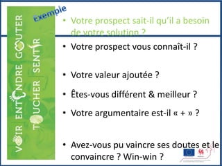• Votre prospect sait-il qu’il a besoin
                   de votre solution ?
                 • Votre prospect vous connaît-il ?

                 • Votre valeur ajoutée ?
                 • Êtes-vous différent & meilleur ?
                 • Votre argumentaire est-il « + » ?


& fidélisation   • Avez-vous pu vaincre ses doutes et le
                   convaincre ? Win-win ?
 
