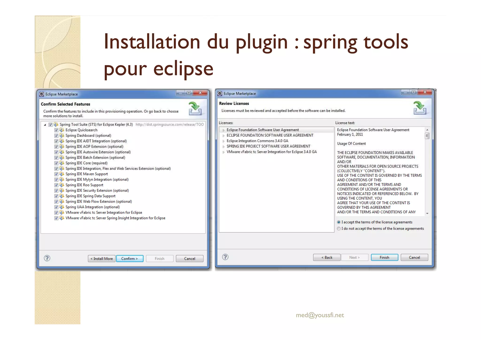 Installation du plugin :
Installation du plugin : spring
spring tools
tools
pour
pour eclipse
eclipse
med@youssfi.net
 