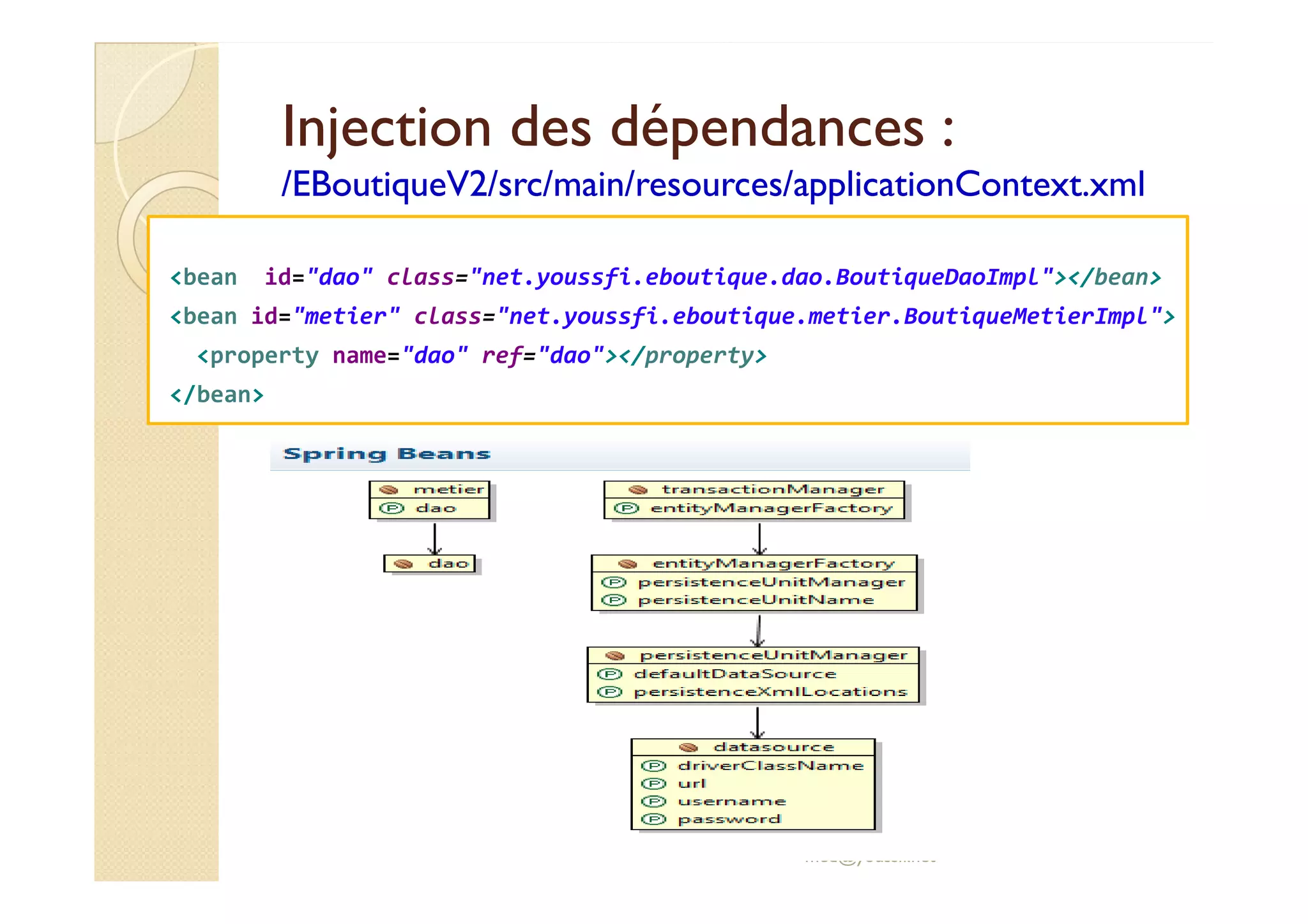 Injection des dépendances :
Injection des dépendances :
/EBoutiqueV2/
/EBoutiqueV2/src
src/main/
/main/resources
resources/applicationContext.xml
/applicationContext.xml
<bean id="dao" class="net.youssfi.eboutique.dao.BoutiqueDaoImpl"></bean>
<bean id="metier" class="net.youssfi.eboutique.metier.BoutiqueMetierImpl">
<property name="dao" ref="dao"></property>
</bean>
med@youssfi.net
 