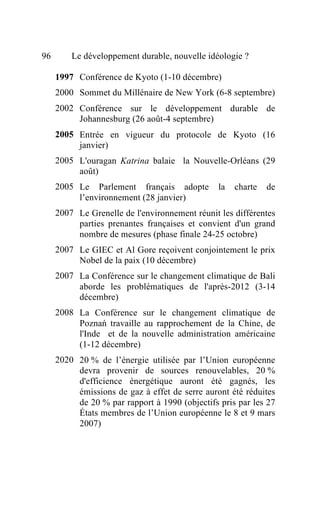 96       Le développement durable, nouvelle idéologie ?

     1997 Conférence de Kyoto (1-10 décembre)
     2000 Sommet du Millénaire de New York (6-8 septembre)
     2002 Conférence sur le développement durable de
          Johannesburg (26 août-4 septembre)
     2005 Entrée en vigueur du protocole de Kyoto (16
          janvier)
     2005 L'ouragan Katrina balaie la Nouvelle-Orléans (29
          août)
     2005 Le Parlement français adopte          la   charte   de
          l’environnement (28 janvier)
     2007 Le Grenelle de l'environnement réunit les différentes
          parties prenantes françaises et convient d'un grand
          nombre de mesures (phase finale 24-25 octobre)
     2007 Le GIEC et Al Gore reçoivent conjointement le prix
          Nobel de la paix (10 décembre)
     2007 La Conférence sur le changement climatique de Bali
          aborde les problématiques de l'après-2012 (3-14
          décembre)
     2008 La Conférence sur le changement climatique de
          Poznań travaille au rapprochement de la Chine, de
          l'Inde et de la nouvelle administration américaine
          (1-12 décembre)
     2020 20 % de l’énergie utilisée par l’Union européenne
          devra provenir de sources renouvelables, 20 %
          d'efficience énergétique auront été gagnés, les
          émissions de gaz à effet de serre auront été réduites
          de 20 % par rapport à 1990 (objectifs pris par les 27
          États membres de l’Union européenne le 8 et 9 mars
          2007)
 