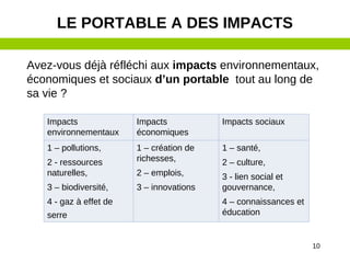 10
LE PORTABLE A DES IMPACTS
Avez-vous déjà réfléchi aux impacts environnementaux,
économiques et sociaux d’un portable tout au long de
sa vie ?
Impacts
environnementaux
Impacts
économiques
Impacts sociaux
1 – pollutions,
2 - ressources
naturelles,
3 – biodiversité,
4 - gaz à effet de
serre
1 – création de
richesses,
2 – emplois,
3 – innovations
1 – santé,
2 – culture,
3 - lien social et
gouvernance,
4 – connaissances et
éducation
 