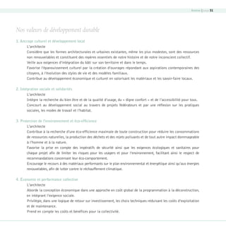 Annexe | page 51

Nos valeurs de développement durable
1. Ancrage culturel et développement local
L’architecte
Considère que les formes architecturales et urbaines existantes, même les plus modestes, sont des ressources
non renouvelables et constituent des repères essentiels de notre histoire et de notre inconscient collectif.
Veille aux exigences d’intégration du bâti sur son territoire et dans le temps.
Favorise l’épanouissement culturel par la création d’ouvrages répondant aux aspirations contemporaines des
citoyens, à l’évolution des styles de vie et des modèles familiaux.
Contribue au développement économique et culturel en valorisant les matériaux et les savoir-faire locaux.
2. Intégration sociale et solidarités
L’architecte
Intègre la recherche du bien être et de la qualité d’usage, du « digne confort » et de l’accessibilité pour tous.
Concourt au développement social au travers de projets fédérateurs et par une réflexion sur les pratiques
sociales, les modes de travail et l’habitat.
3. Protection de l’environnement et éco-efficience
L’architecte
Contribue à la recherche d’une éco-efficience maximale de toute construction pour réduire les consommations
de ressources naturelles, la production des déchets et des rejets polluants et de tout autre impact dommageable
à l’homme et à la nature.
Favorise la prise en compte des impératifs de sécurité ainsi que les exigences écologiques et sanitaires pour
chaque projet afin de limiter les risques pour les usagers et pour l’environnement, facilitant ainsi le respect de
recommandations concernant leur éco-comportement.
Encourage le recours à des matériaux performants sur le plan environnemental et énergétique ainsi qu’aux énergies
renouvelables, afin de lutter contre le réchauffement climatique.
4. Économie et performance collective
L’architecte
Aborde la conception économique dans une approche en coût global de la programmation à la déconstruction,
en intégrant l’exigence sociale.
Privilégie, dans une logique de retour sur investissement, les choix techniques réduisant les coûts d’exploitation
et de maintenance.
Prend en compte les coûts et bénéfices pour la collectivité.

08-DeveloppementDurable.indd 51

19/10/07 9:00:00

 