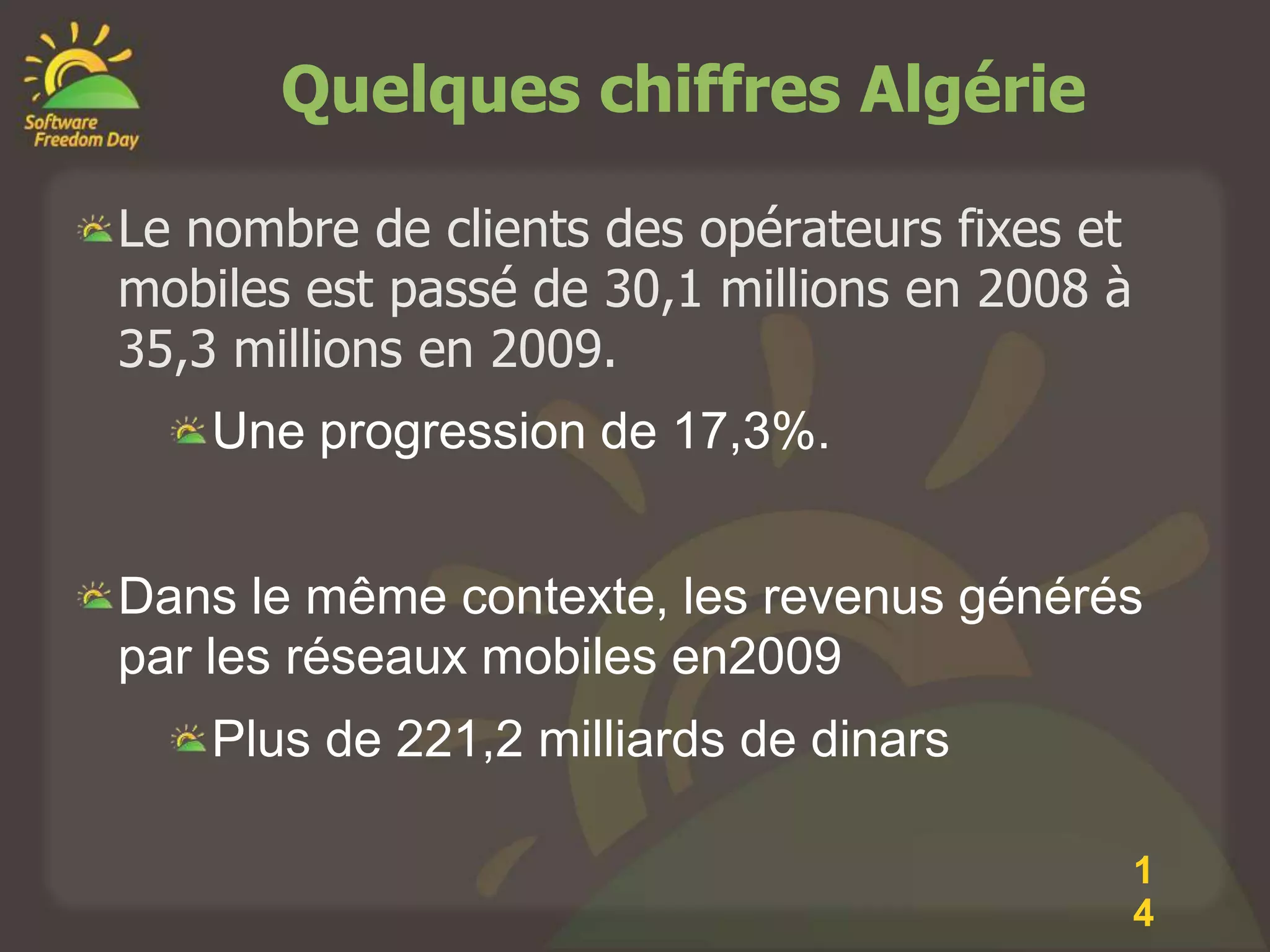Quelques chiffres Algérie

Le nombre de clients des opérateurs fixes et
mobiles est passé de 30,1 millions en 2008 à
35,3 millions en 2009.
    Une progression de 17,3%.


Dans le même contexte, les revenus générés
par les réseaux mobiles en2009
    Plus de 221,2 milliards de dinars

                                               1
                                               4
 