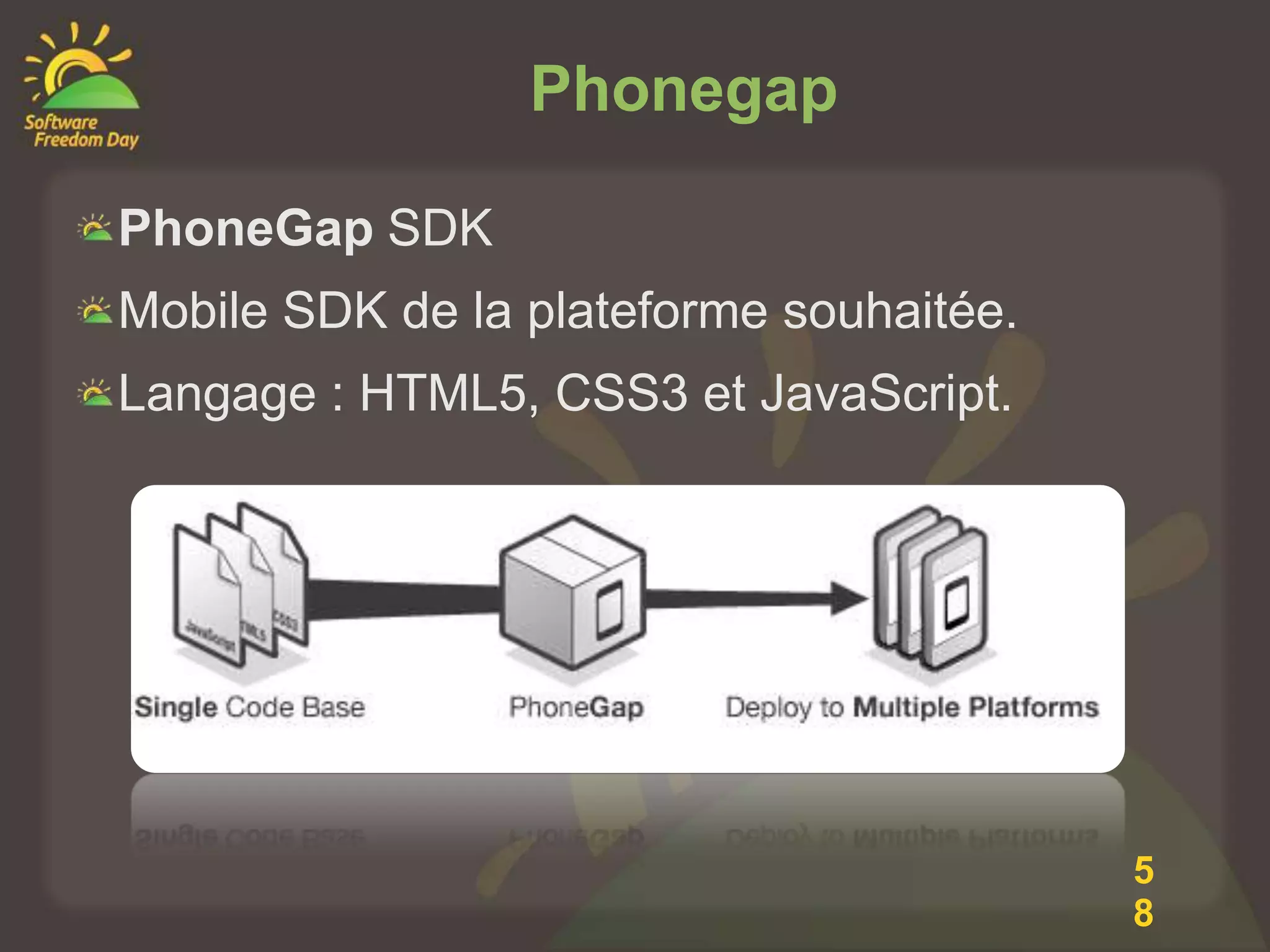 Phonegap

PhoneGap SDK
Mobile SDK de la plateforme souhaitée.
Langage : HTML5, CSS3 et JavaScript.




                                         5
                                         8
 