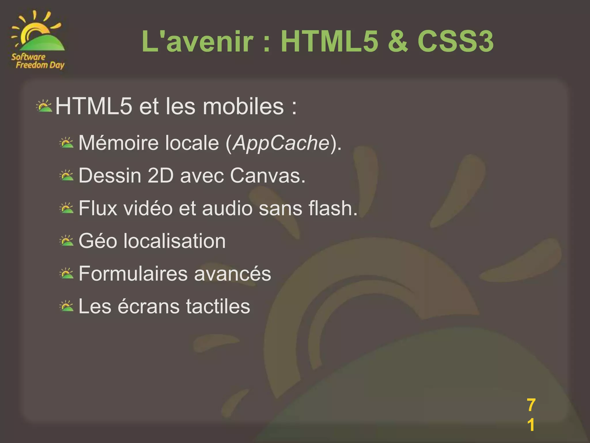 L'avenir : HTML5 & CSS3

HTML5 et les mobiles :
  Mémoire locale (AppCache).
  Dessin 2D avec Canvas.
  Flux vidéo et audio sans flash.
  Géo localisation
  Formulaires avancés
  Les écrans tactiles



                                    7
                                    1
 