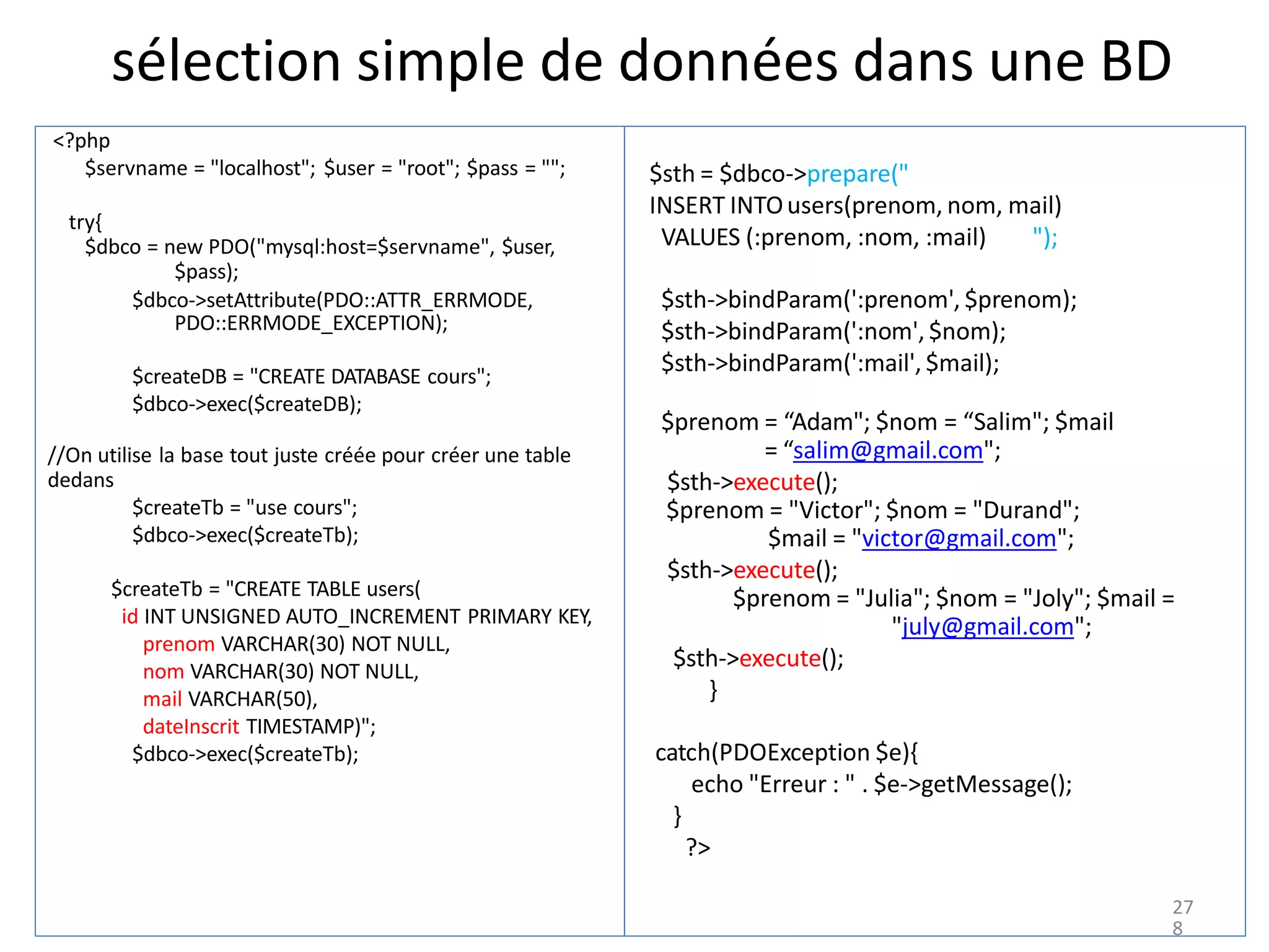sélection simple de données dans une BD
<?php
$servname = "localhost"; $user = "root"; $pass = "";
try{
$dbco = new PDO("mysql:host=$servname", $user,
$pass);
$dbco->setAttribute(PDO::ATTR_ERRMODE,
PDO::ERRMODE_EXCEPTION);
$createDB = "CREATE DATABASE cours";
$dbco->exec($createDB);
//On utilise la base tout juste créée pour créer une table
dedans
$createTb = "use cours";
$dbco->exec($createTb);
$createTb = "CREATE TABLE users(
id INT UNSIGNED AUTO_INCREMENT PRIMARY KEY,
prenom VARCHAR(30) NOT NULL,
nom VARCHAR(30) NOT NULL,
mail VARCHAR(50),
dateInscrit TIMESTAMP)";
$dbco->exec($createTb);
$sth = $dbco->prepare("
INSERT INTOusers(prenom, nom, mail)
VALUES (:prenom, :nom, :mail) ");
$sth->bindParam(':prenom', $prenom);
$sth->bindParam(':nom',$nom);
$sth->bindParam(':mail',$mail);
$prenom = “Adam"; $nom = “Salim"; $mail
= “salim@gmail.com";
$sth->execute();
$prenom = "Victor"; $nom = "Durand";
$mail = "victor@gmail.com";
$sth->execute();
$prenom = "Julia"; $nom = "Joly"; $mail =
"july@gmail.com";
$sth->execute();
}
catch(PDOException $e){
echo "Erreur : " . $e->getMessage();
}
?>
27
8
 