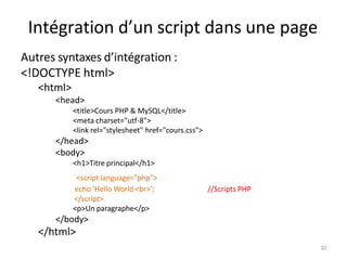 10
Intégration d’un script dans une page
Autres syntaxes d’intégration :
<!DOCTYPE html>
<html>
<head>
<title>Cours PHP & ...