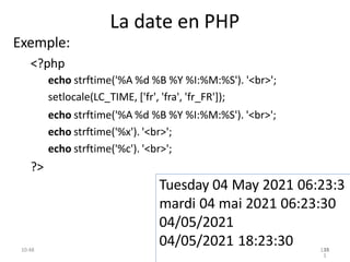 La date en PHP
10:48 135
Exemple:
<?php
echo strftime('%A %d %B %Y %I:%M:%S'). '<br>';
setlocale(LC_TIME, ['fr', 'fra', 'f...