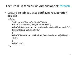 85
Lecture d’un tableau unidimensionnel: foreach
• Lecture de tableau associatif avec récupération
des clés
<?php
$tab2=ar...