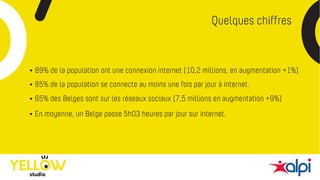 Quelques chiffres
• 89% de la population ont une connexion internet (10,2 millions, en augmentation +1%)
• En moyenne, un Belge passe 5h03 heures par jour sur internet.
• 65% des Belges sont sur les réseaux sociaux (7,5 millions en augmentation +9%)
• 85% de la population se connecte au moins une fois par jour à internet.
 
