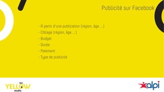 Publicité sur Facebook
- Ciblage (région, âge…)
- Budget
- Durée
- Paiement
- Type de publicité
- A partir d’une publication (région, âge…)
 