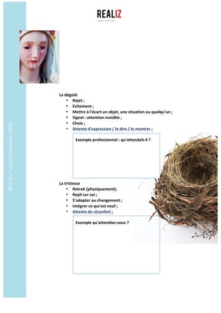 REALIZ	/		Le	test	d’empathie	/	2016	
	
	
Le	dégoût	
• Rejet	;	
• Evitement	;	
• Mettre	à	l’écart	un	objet,	une	situation	ou	quelqu’un	;	
• Signal	:	attention	nuisible	;	
• Choix	;	
• Attente	d’expression	/	le	dire	/	le	montrer	;	
	
			Exemple	professionnel	:	qu’attendait-il	?	
	
	
	
	
	
	
	
La	tristesse	
• Retrait	(physiquement);	
• Repli	sur	soi	; 	
• S’adapter	au	changement	;	
• Intégrer	ce	qui	est	neuf	;	
• Attente	de	réconfort	;		
	
			Exemple	qu’attendiez-vous	?	 	
	
	
	
	
	
	
 