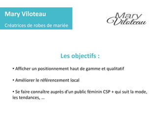 Mary Viloteau
Créatrices de robes de mariée
Les objectifs :
• Afficher un positionnement haut de gamme et qualitatif
• Améliorer le référencement local
• Se faire connaître auprès d’un public féminin CSP + qui suit la mode,
les tendances, …
 