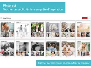 Pinterest
Toucher un public féminin en quête d’inspiration
Galeries par collections, photos autour du mariage
 