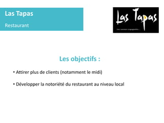Las Tapas
Restaurant
Les objectifs :
• Attirer plus de clients (notamment le midi)
• Développer la notoriété du restaurant au niveau local
 