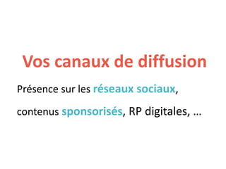 Vos canaux de diffusion
Présence sur les réseaux sociaux,
contenus sponsorisés, RP digitales, …
 