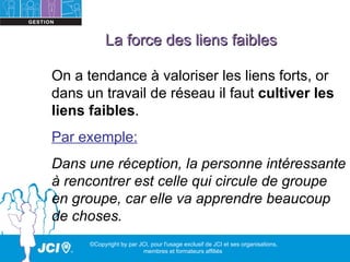 La force des liens faibles

On a tendance à valoriser les liens forts, or
dans un travail de réseau il faut cultiver les
liens faibles.
Par exemple:
Dans une réception, la personne intéressante
à rencontrer est celle qui circule de groupe
en groupe, car elle va apprendre beaucoup
de choses.
      ©Copyright by par JCI, pour l'usage exclusif de JCI et ses organisations,
                         membres et formateurs affiliés
 