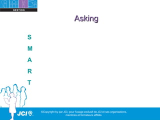 Asking

S
M
A
R
T



    ©Copyright by par JCI, pour l'usage exclusif de JCI et ses organisations,
                       membres et formateurs affiliés
 