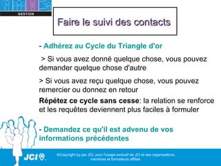 Faire le suivi des contacts

- Adhérez au Cycle du Triangle d'or
 > Si vous avez donné quelque chose, vous pouvez
demander quelque chose d'autre
> Si vous avez reçu quelque chose, vous pouvez
remercier ou donnez en retour
Répétez ce cycle sans cesse: la relation se renforce
et les requêtes deviennent plus faciles à formuler

- Demandez ce qu'il est advenu de vos
informations précédentes

     ©Copyright by par JCI, pour l'usage exclusif de JCI et ses organisations,
                        membres et formateurs affiliés
 